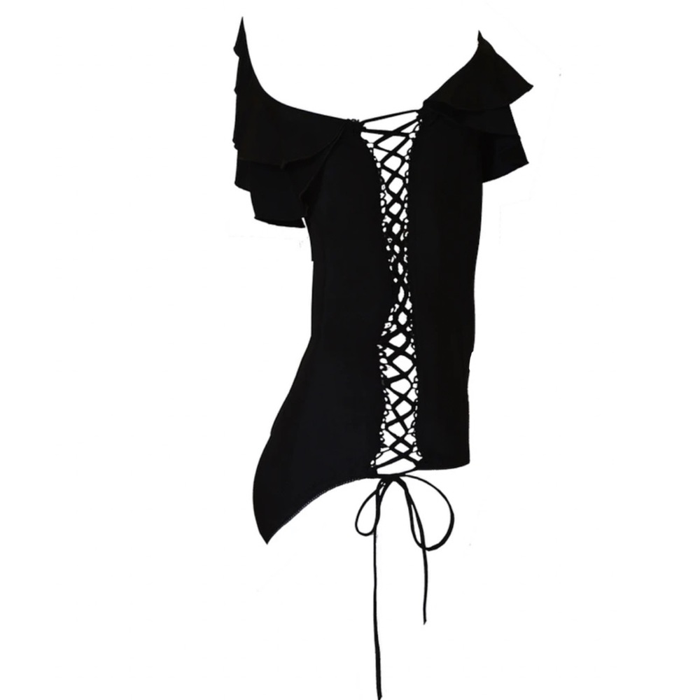 Empress Mimi black ruffle neckline 1 one shoulder lace up side swimsuit bodysuit - Picture 2 of 16